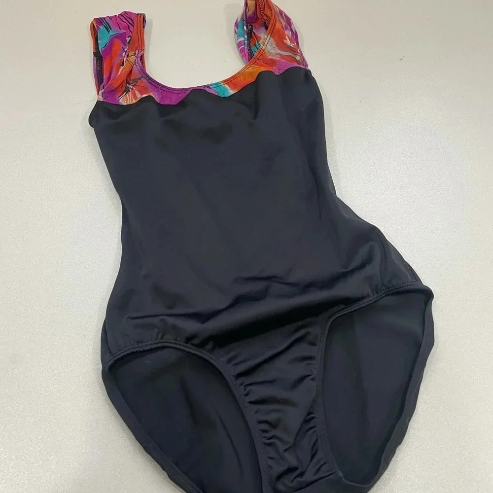 Class In Leotard Women’s Size Small Black and Floral Cap Sleeve Front Lined GUC